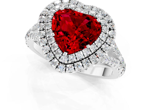 White gold Heart Cut Ruby Double Halo Ring with Split Shank and Prong Setting_13