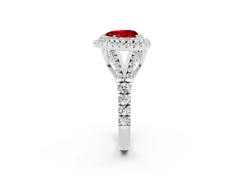 White gold Heart Cut Ruby Double Halo Ring with Split Shank and Prong Setting_14