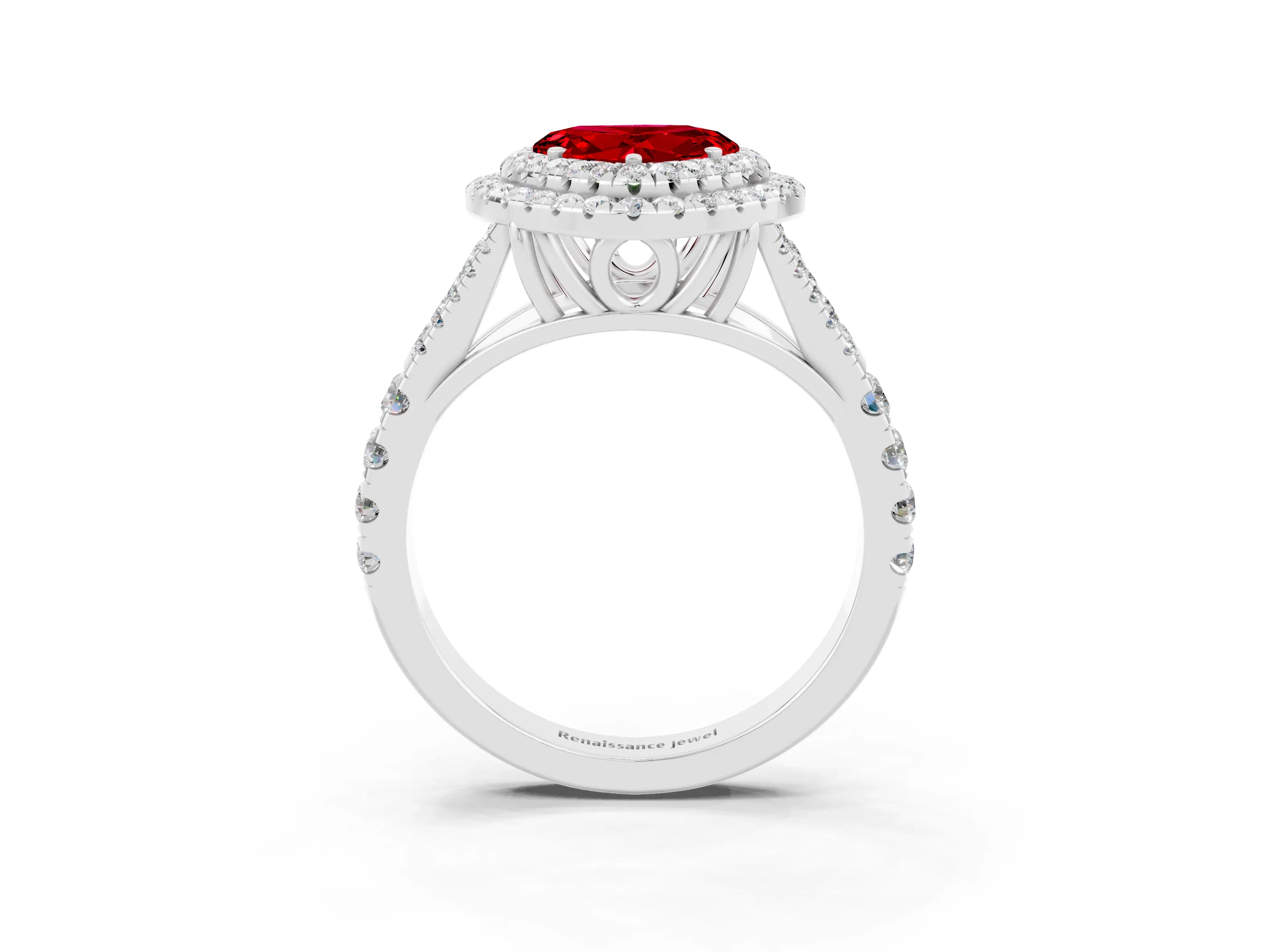 White gold Heart Cut Ruby Double Halo Ring with Split Shank and Prong Setting_15