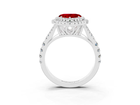 White gold Heart Cut Ruby Double Halo Ring with Split Shank and Prong Setting_15