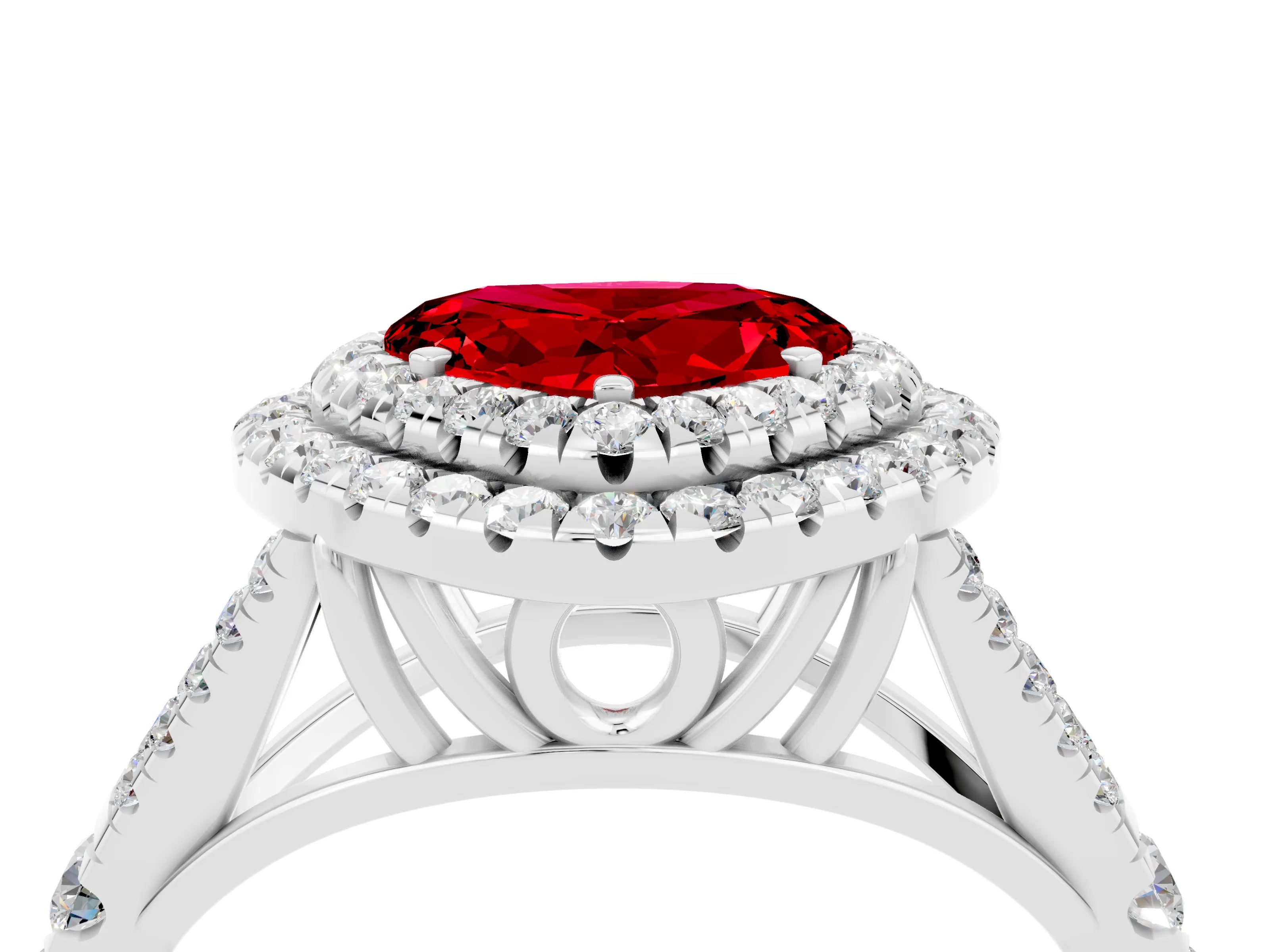 White gold Heart Cut Ruby Double Halo Ring with Split Shank and Prong Setting_16
