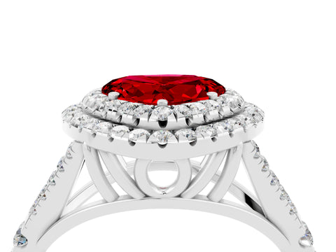 White gold Heart Cut Ruby Double Halo Ring with Split Shank and Prong Setting_16