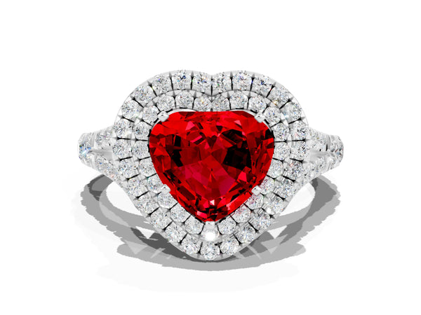White gold Heart Cut Ruby Double Halo Ring with Split Shank and Prong Setting