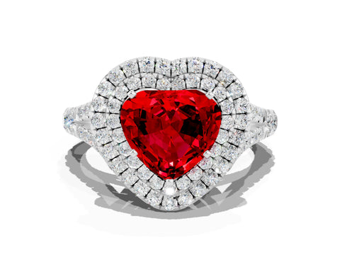 White gold Heart Cut Ruby Double Halo Ring with Split Shank and Prong Setting_24