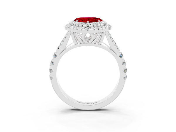 White gold Heart Cut Ruby Double Halo Ring with Split Shank and Prong Setting