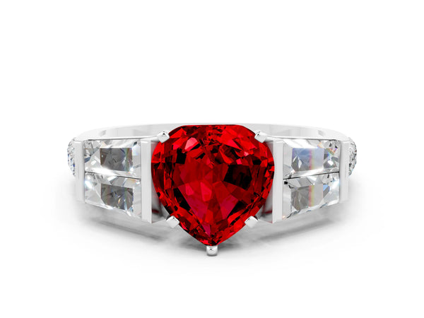 Platinum Heart Cut Ruby Engagement Ring with Baguette Side Stones and Channel Set Band