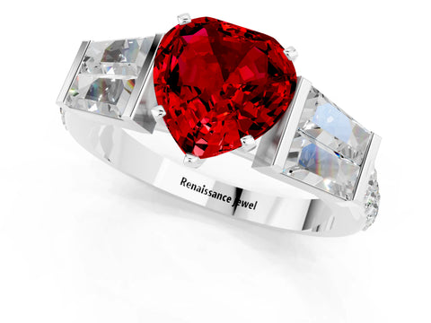 White gold Heart Cut Ruby Engagement Ring with Baguette Side Stones and Channel Set Band_1