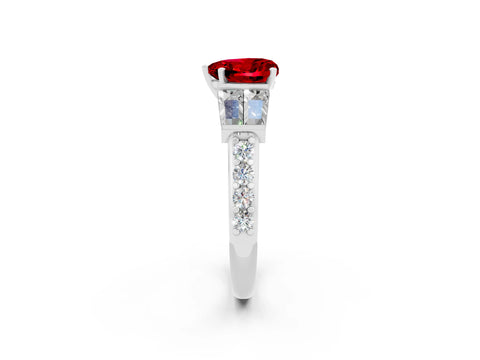 White gold Heart Cut Ruby Engagement Ring with Baguette Side Stones and Channel Set Band_2