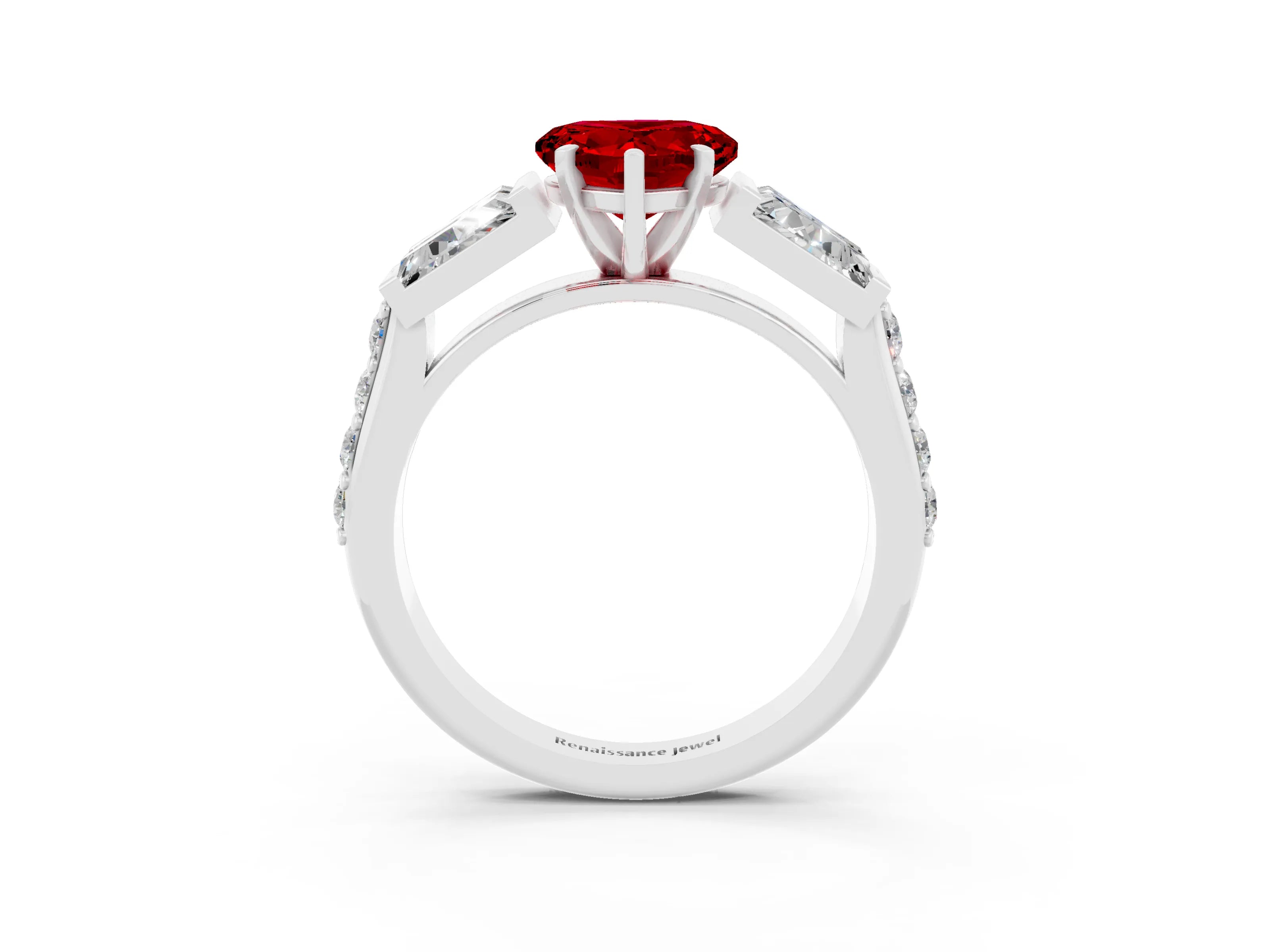 White gold Heart Cut Ruby Engagement Ring with Baguette Side Stones and Channel Set Band_3