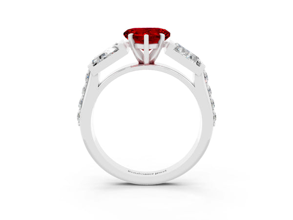 Silver Heart Cut Ruby Engagement Ring with Baguette Side Stones and Channel Set Band