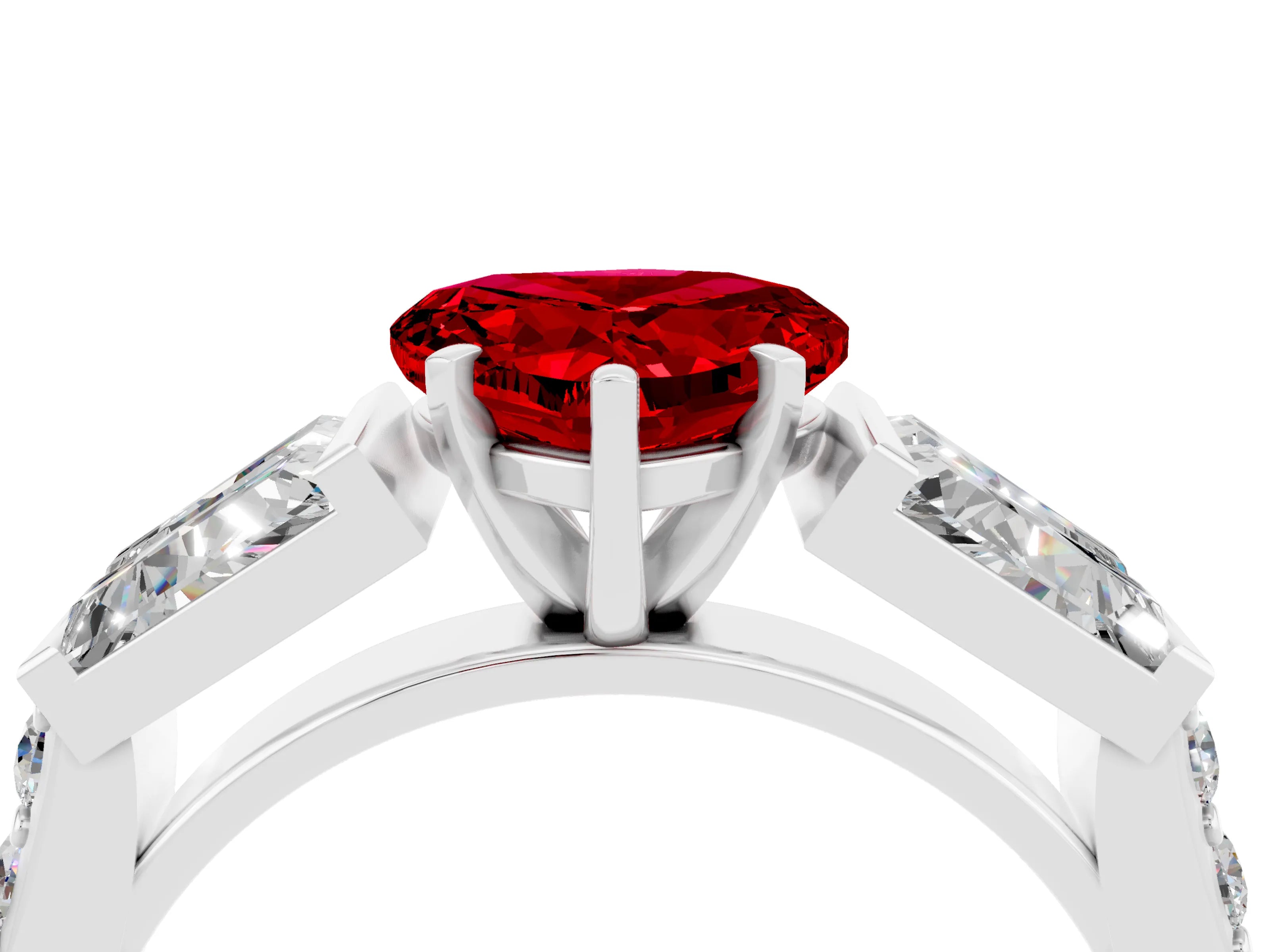 White gold Heart Cut Ruby Engagement Ring with Baguette Side Stones and Channel Set Band_4