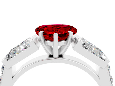 White gold Heart Cut Ruby Engagement Ring with Baguette Side Stones and Channel Set Band_4