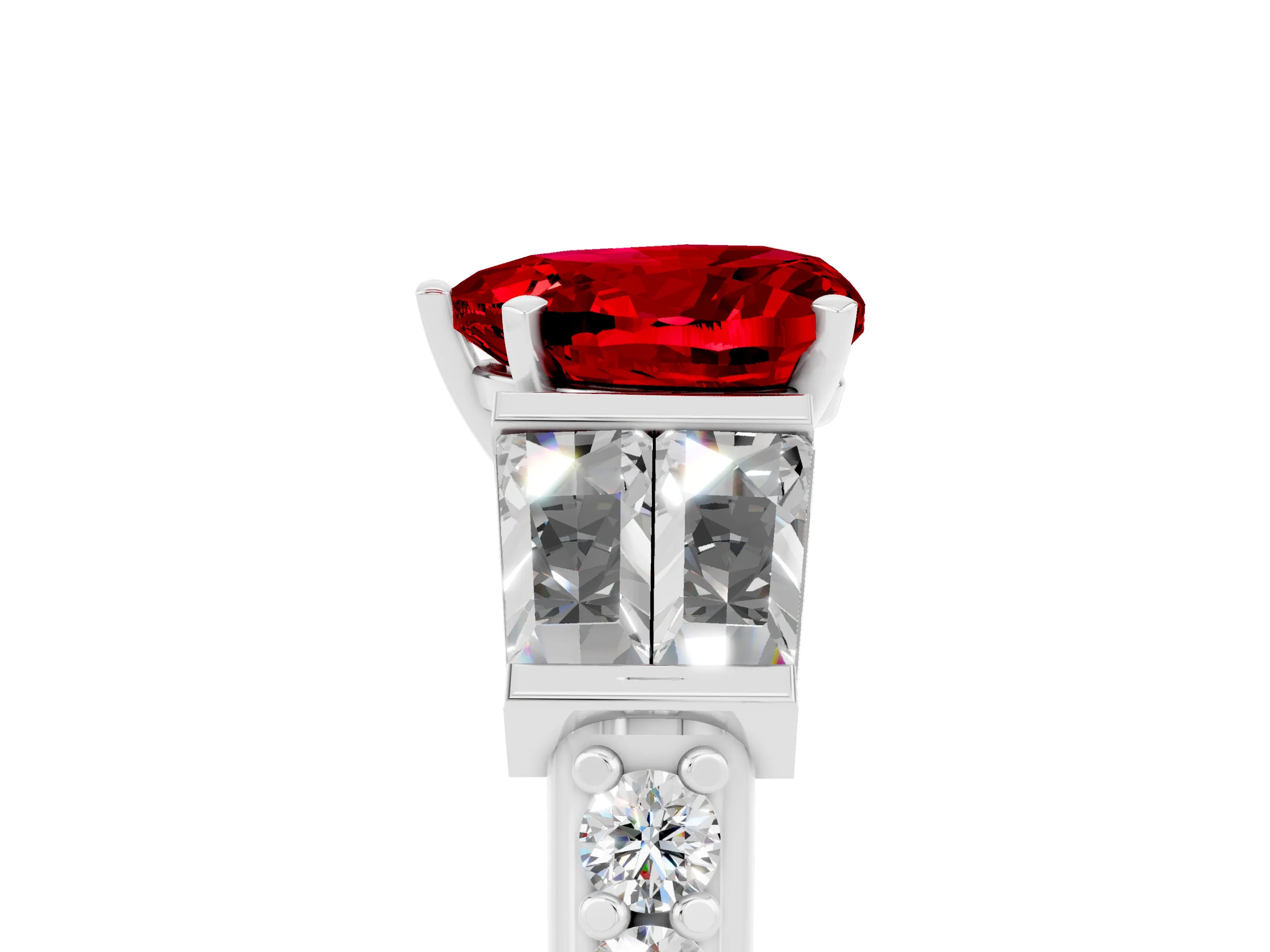 White gold Heart Cut Ruby Engagement Ring with Baguette Side Stones and Channel Set Band_5