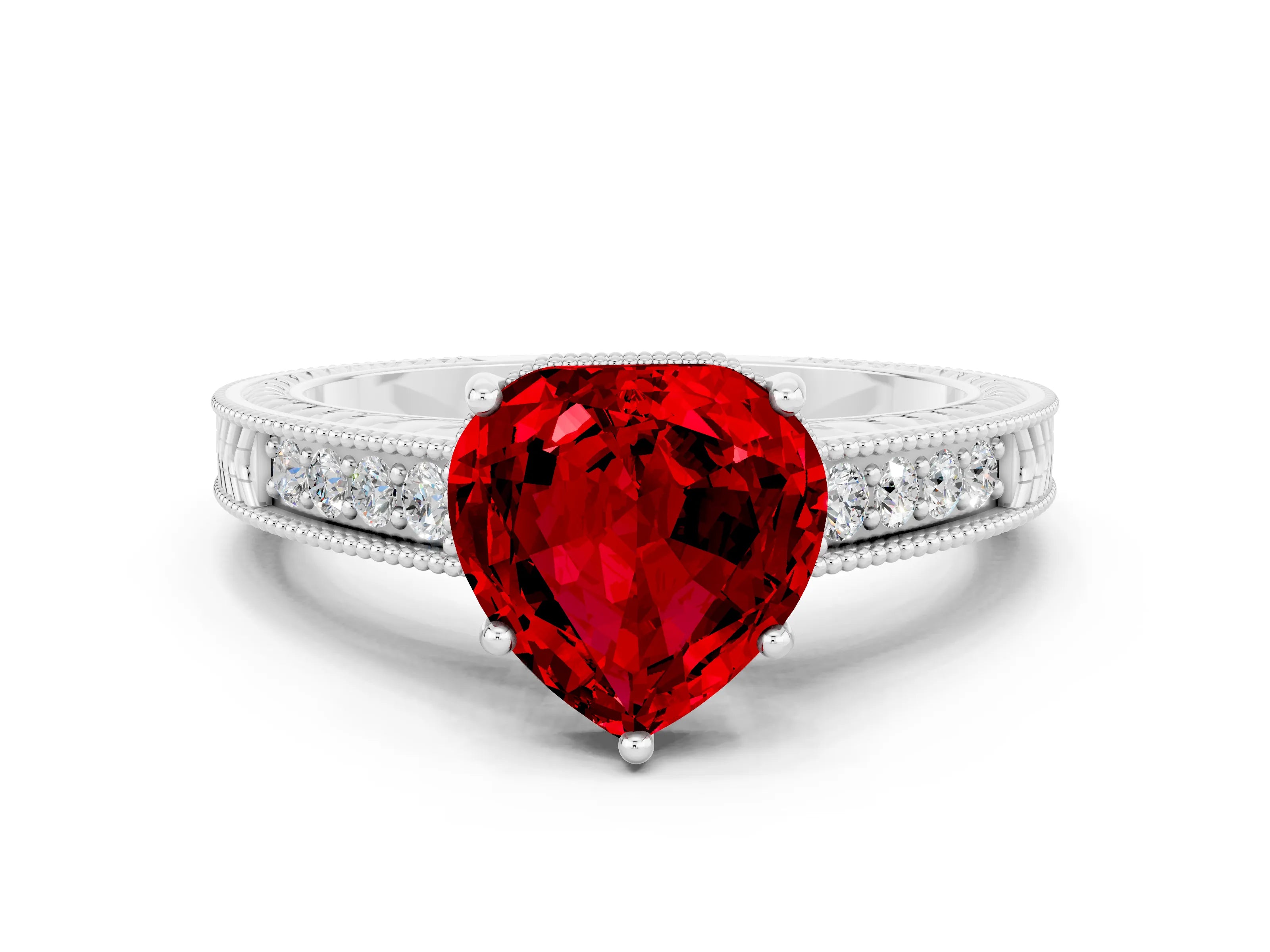 White gold Heart Cut Ruby Engagement Ring with Milgrain Channel Set Band and Prong Setting