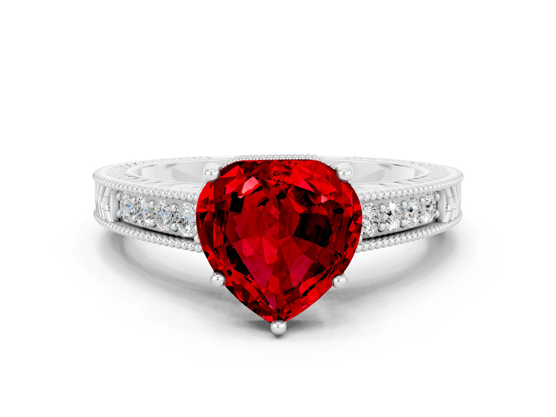 White gold Heart Cut Ruby Engagement Ring with Milgrain Channel Set Band and Prong Setting