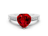 White gold Heart Cut Ruby Engagement Ring with Milgrain Channel Set Band and Prong Setting