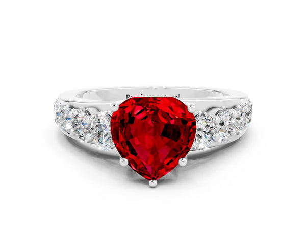 Platinum Heart Cut Ruby Engagement Ring with Pavé Band and Four-Prong Setting