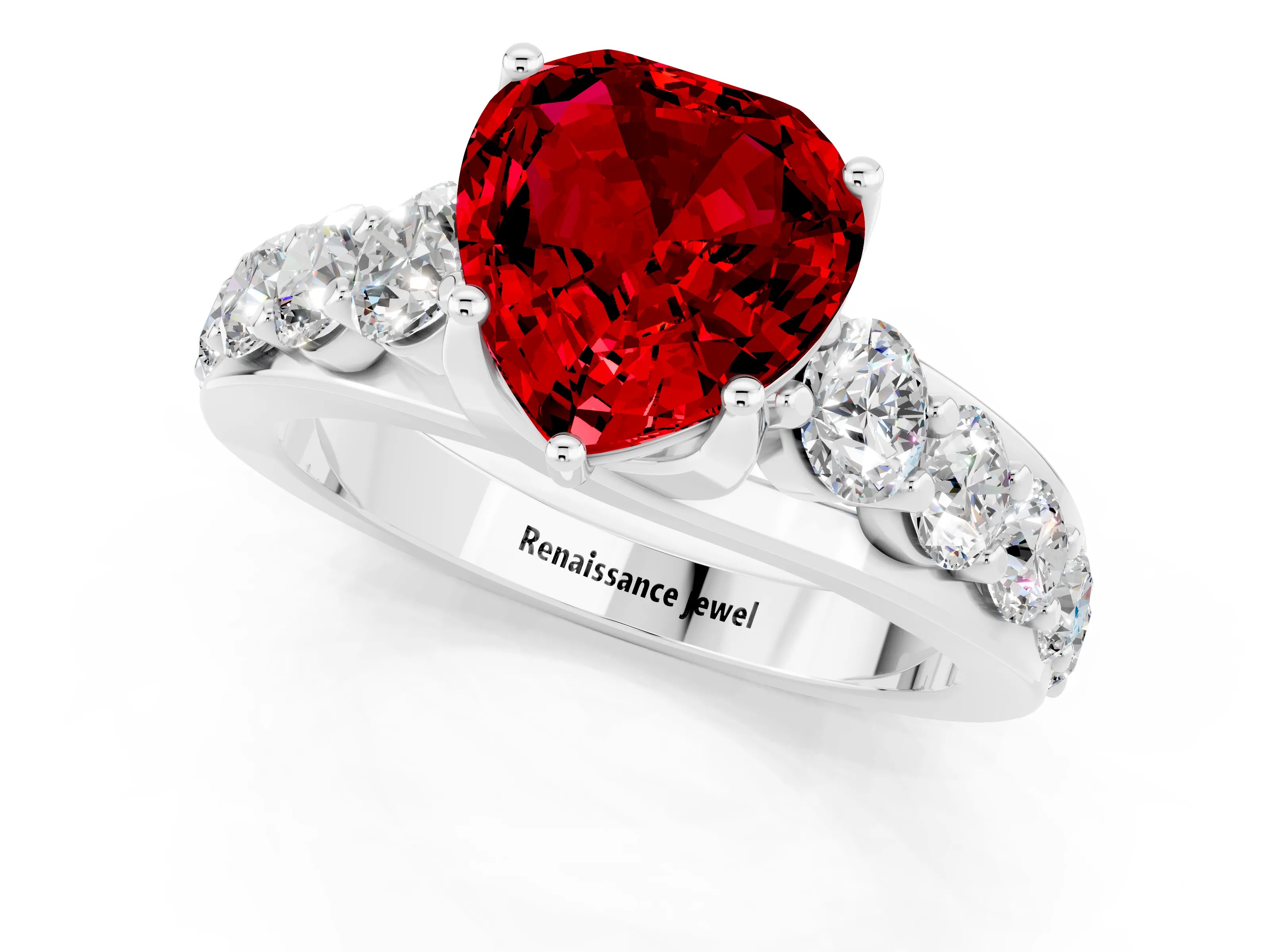 White gold Heart Cut Ruby Engagement Ring with Pavé Band and Four-Prong Setting_1