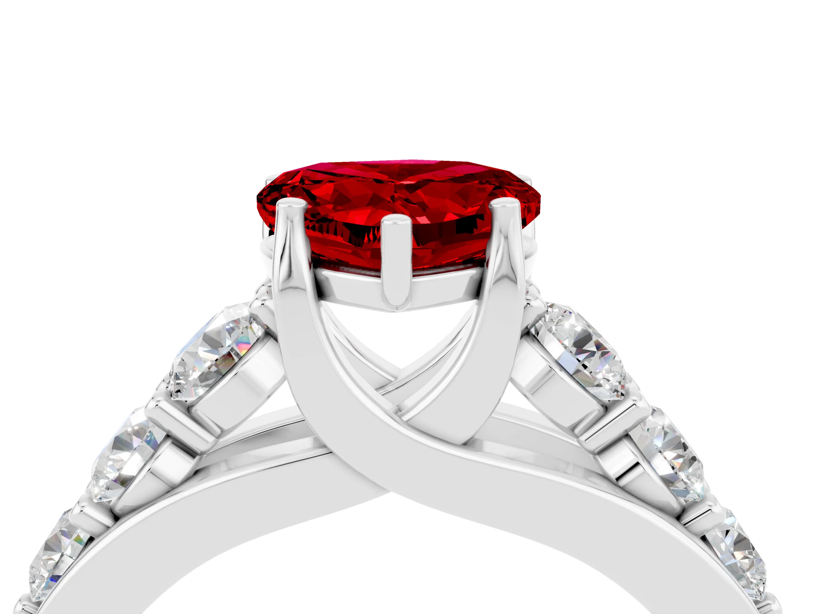 White gold Heart Cut Ruby Engagement Ring with Pavé Band and Four-Prong Setting_4