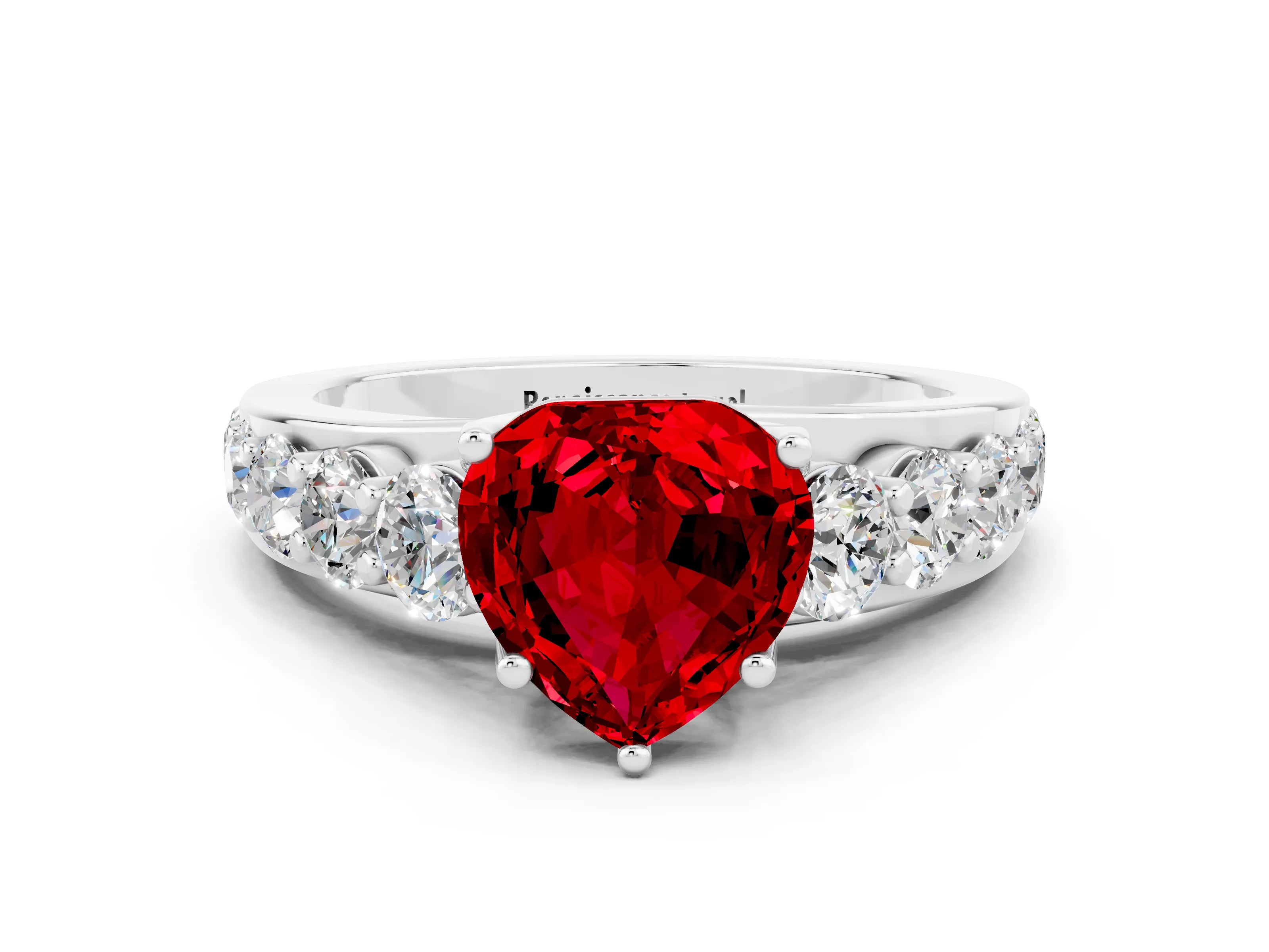 White gold Heart Cut Ruby Engagement Ring with Pavé Band and Four-Prong Setting