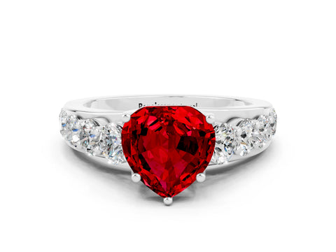 White gold Heart Cut Ruby Engagement Ring with Pavé Band and Four-Prong Setting