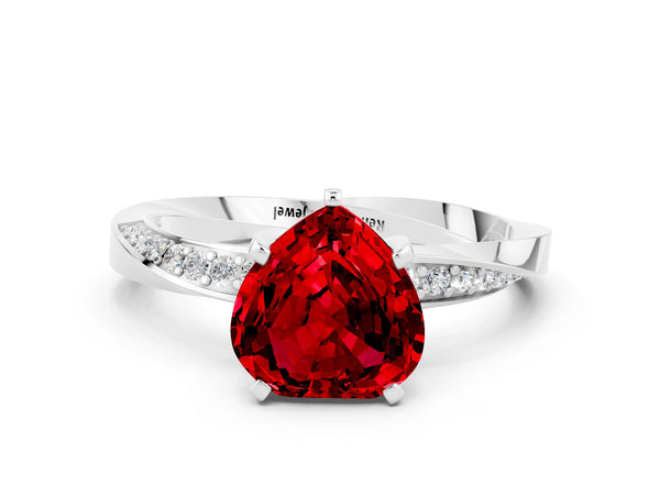 White gold Heart Cut Ruby Engagement Ring with Side Stone Accents and Four-Prong Setting