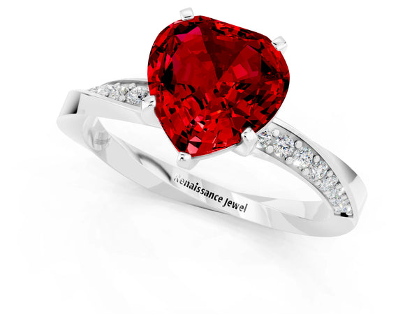 White gold Heart Cut Ruby Engagement Ring with Side Stone Accents and Four-Prong Setting