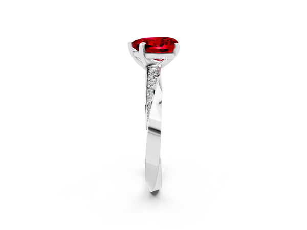 White gold Heart Cut Ruby Engagement Ring with Side Stone Accents and Four-Prong Setting