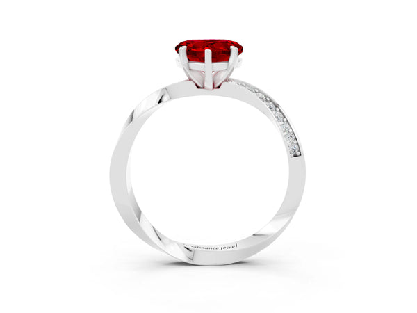 White gold Heart Cut Ruby Engagement Ring with Side Stone Accents and Four-Prong Setting
