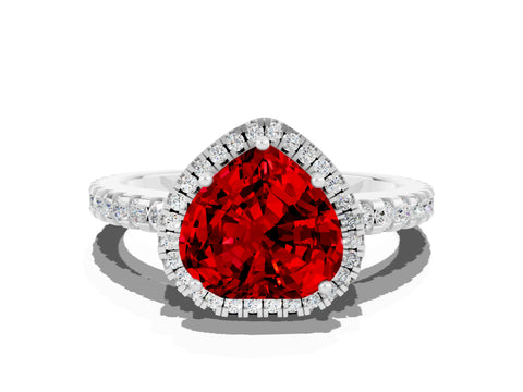 White gold Heart Cut Ruby Halo Engagement Ring with Pavé Band and Prong Setting_12