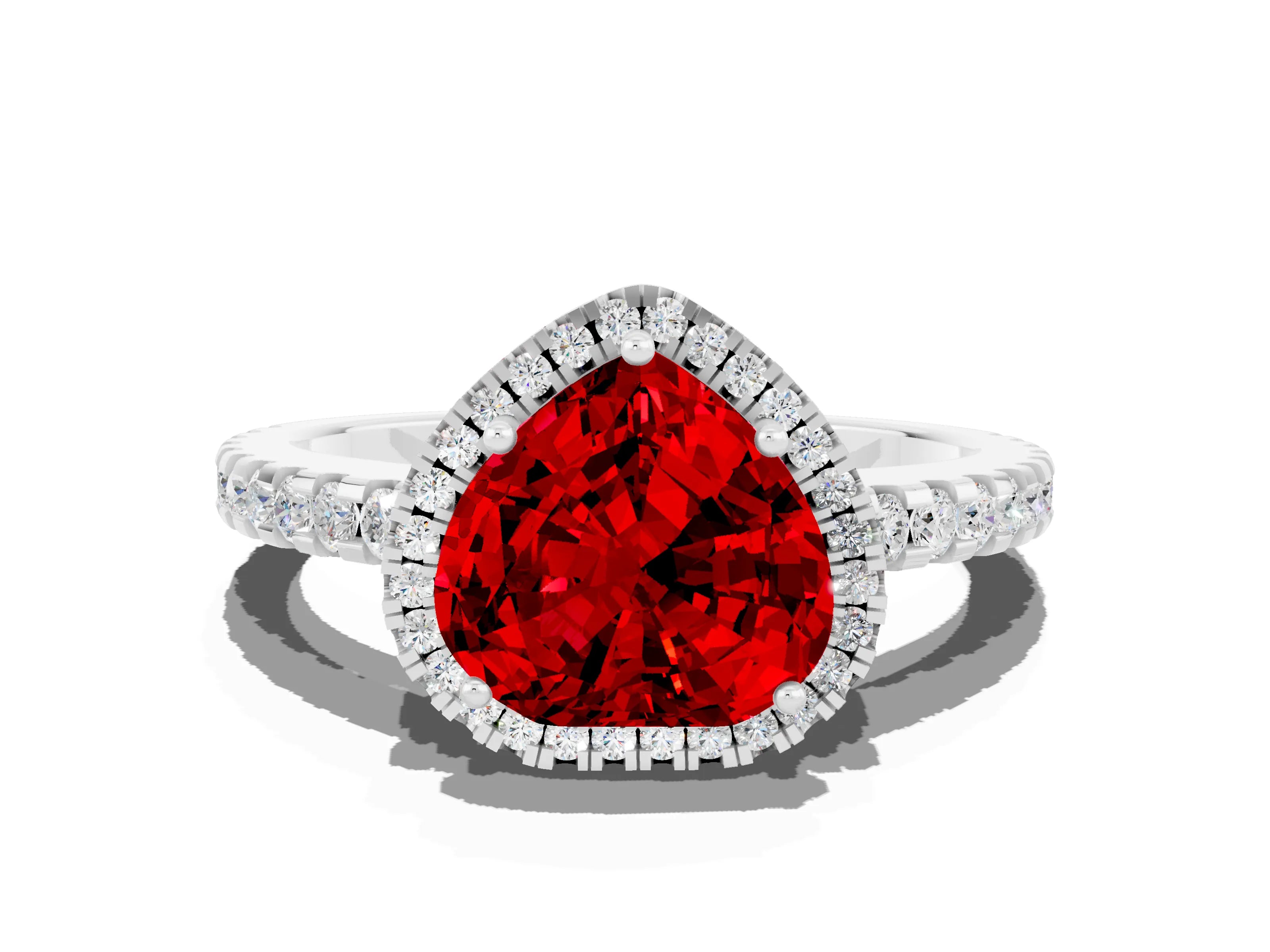 White gold Heart Cut Ruby Halo Engagement Ring with Pavé Band and Prong Setting_12
