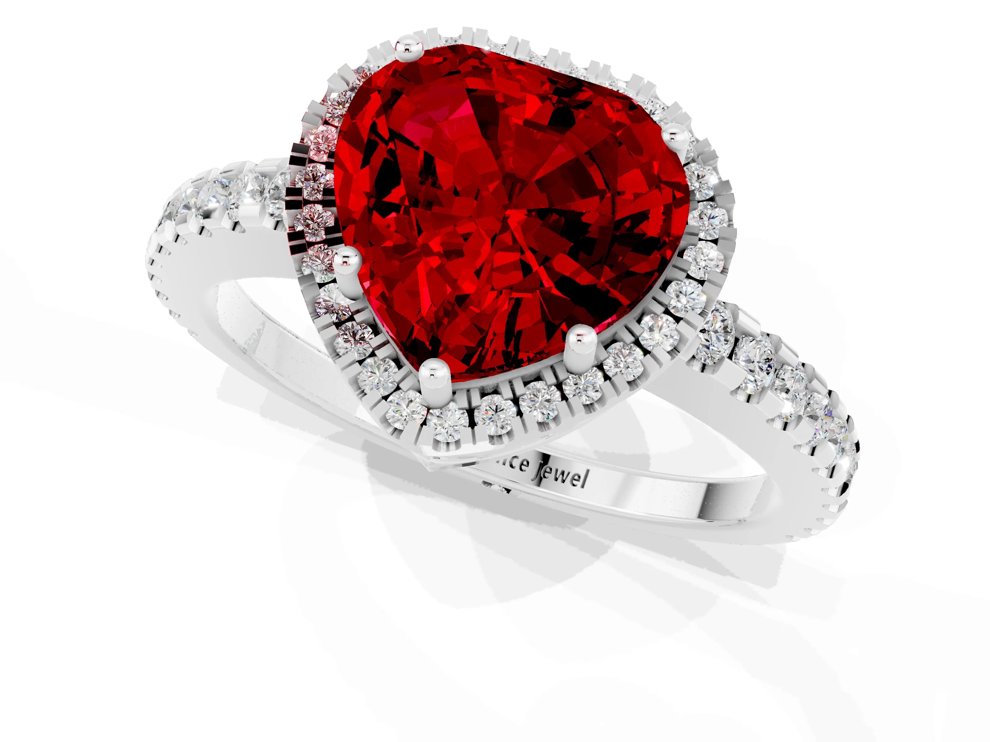 White gold Heart Cut Ruby Halo Engagement Ring with Pavé Band and Prong Setting_13