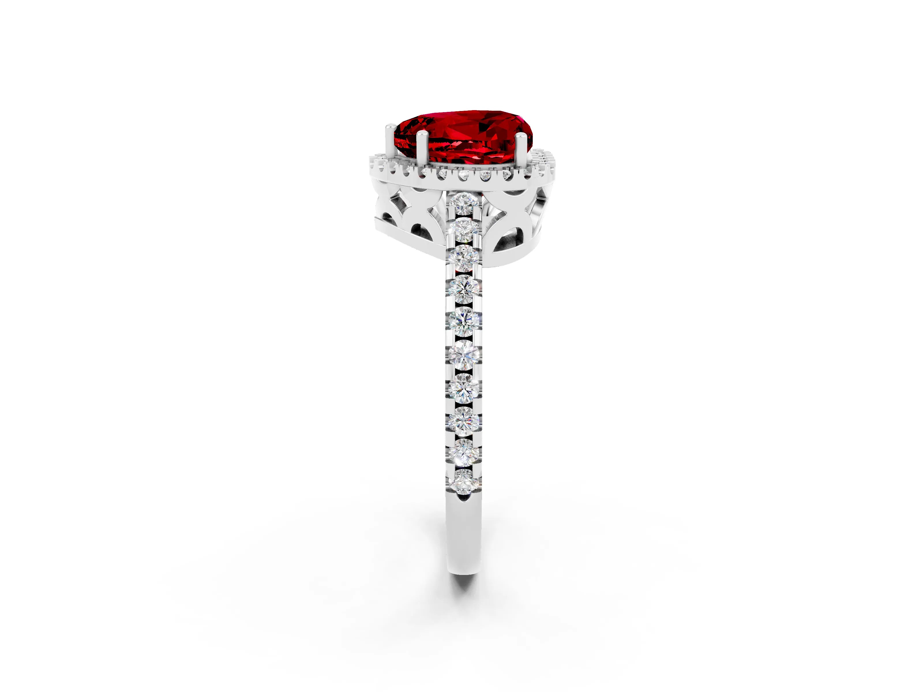 White gold Heart Cut Ruby Halo Engagement Ring with Pavé Band and Prong Setting_14