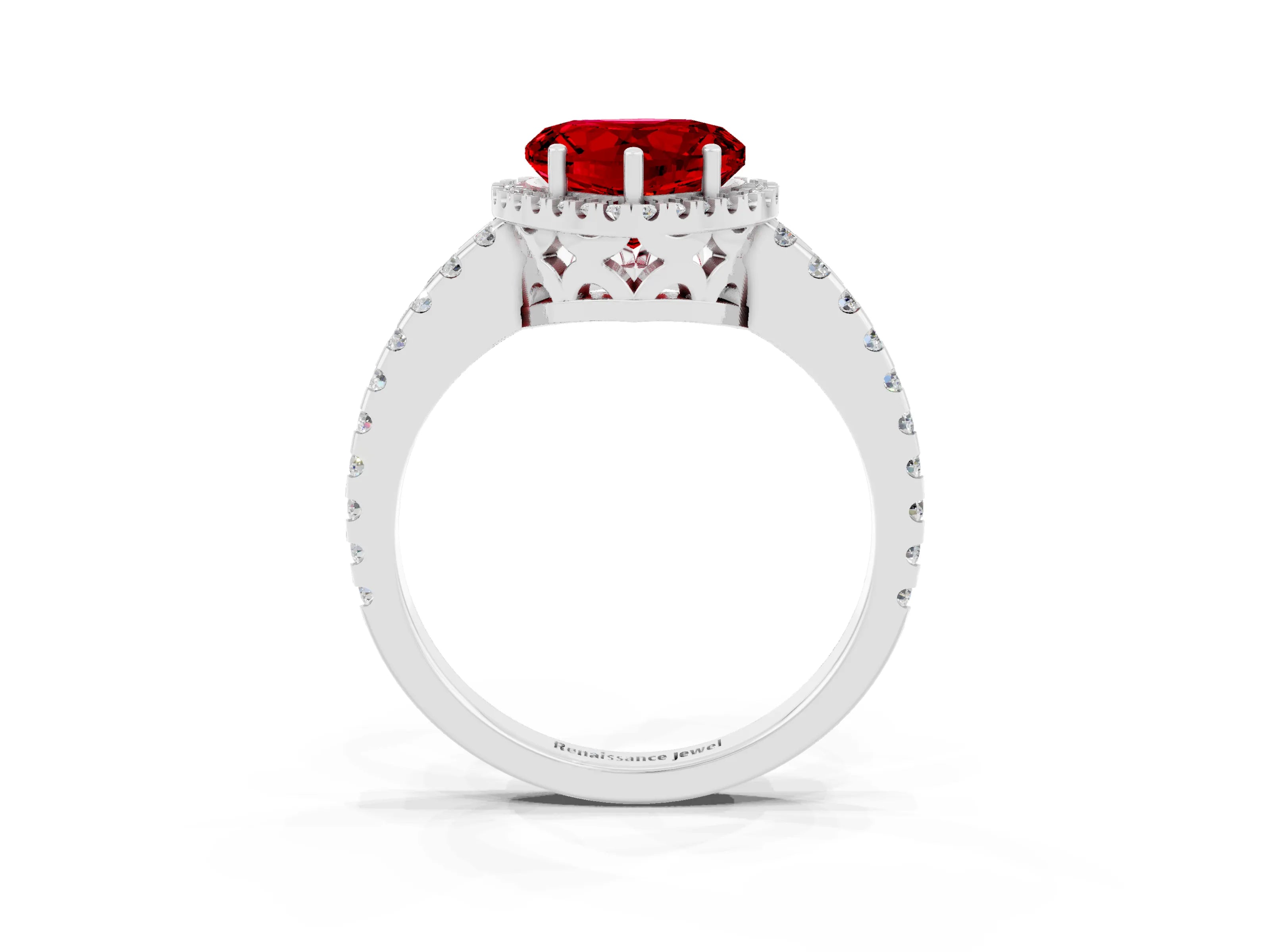 White gold Heart Cut Ruby Halo Engagement Ring with Pavé Band and Prong Setting_15