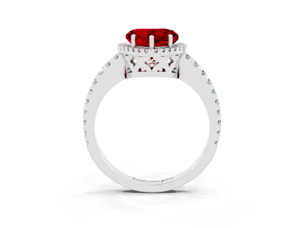 Platinum Heart Cut Ruby Halo Engagement Ring with Pavé Band and Prong Setting