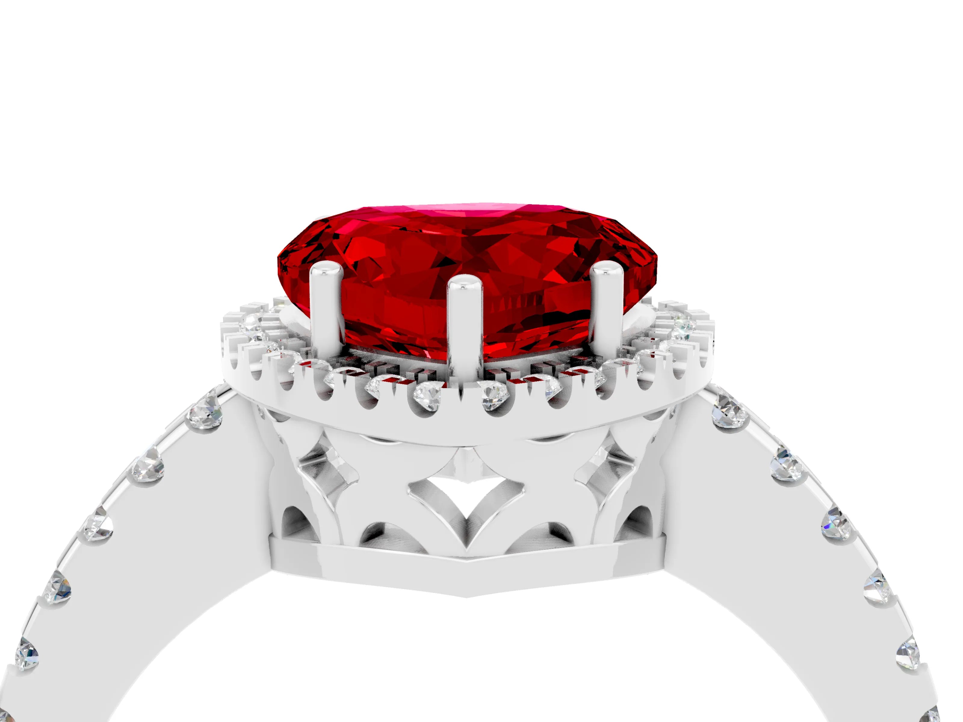 White gold Heart Cut Ruby Halo Engagement Ring with Pavé Band and Prong Setting_16