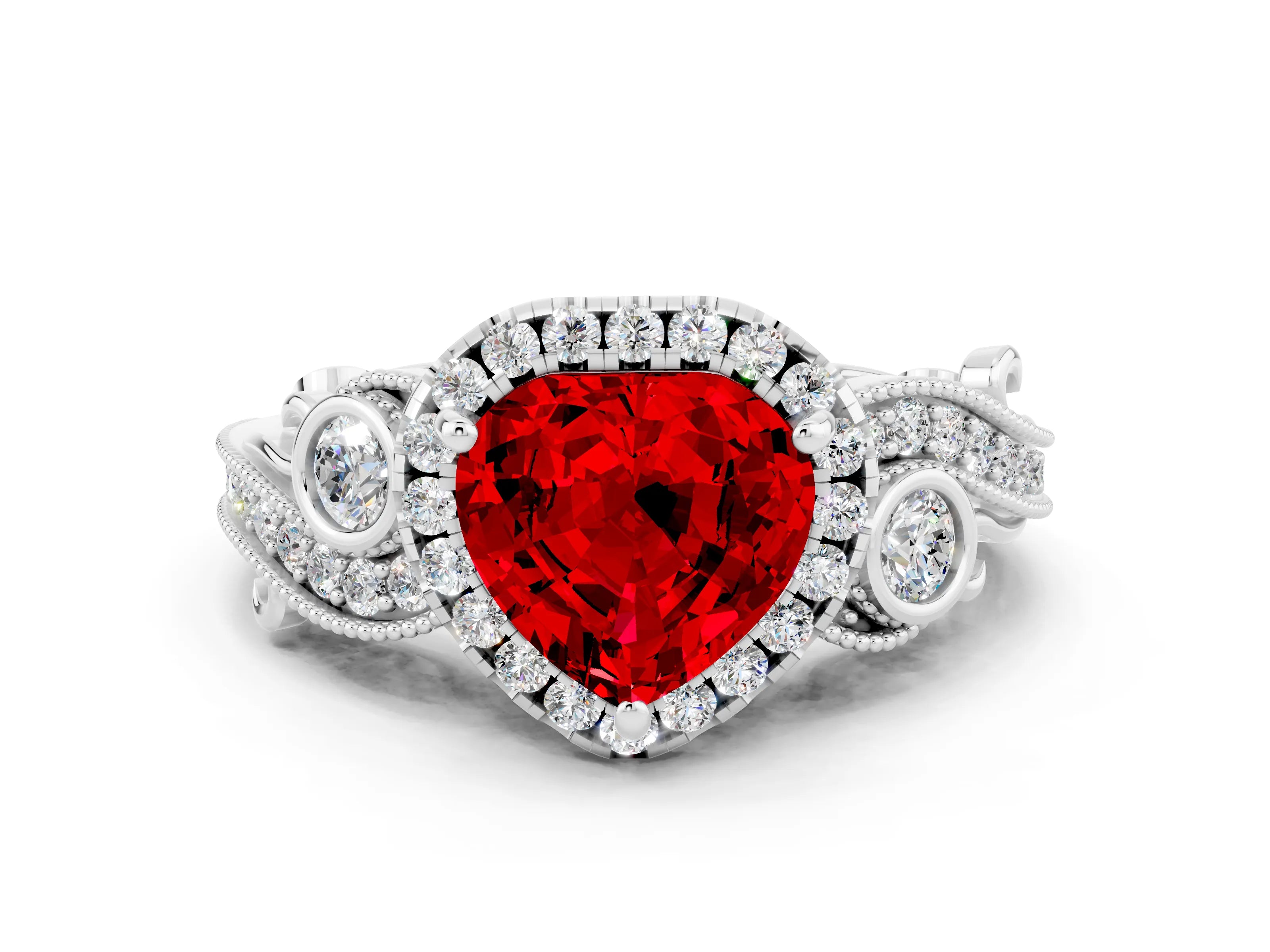 White gold Heart Cut Ruby Halo Ring with Milgrain Pavé Band and Four-Prong Setting_12