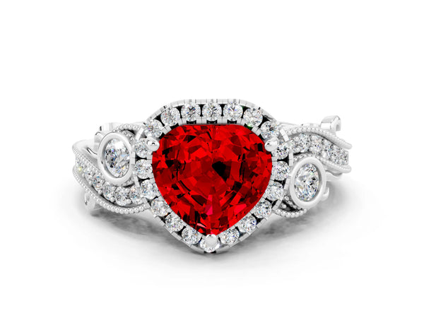 Platinum Heart Cut Ruby Halo Ring with Milgrain Pavé Band and Four-Prong Setting