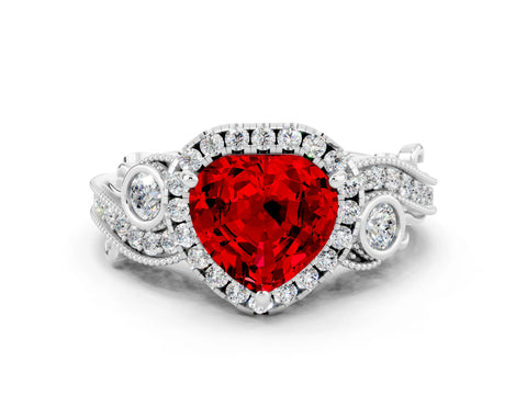 White gold Heart Cut Ruby Halo Ring with Milgrain Pavé Band and Four-Prong Setting_12