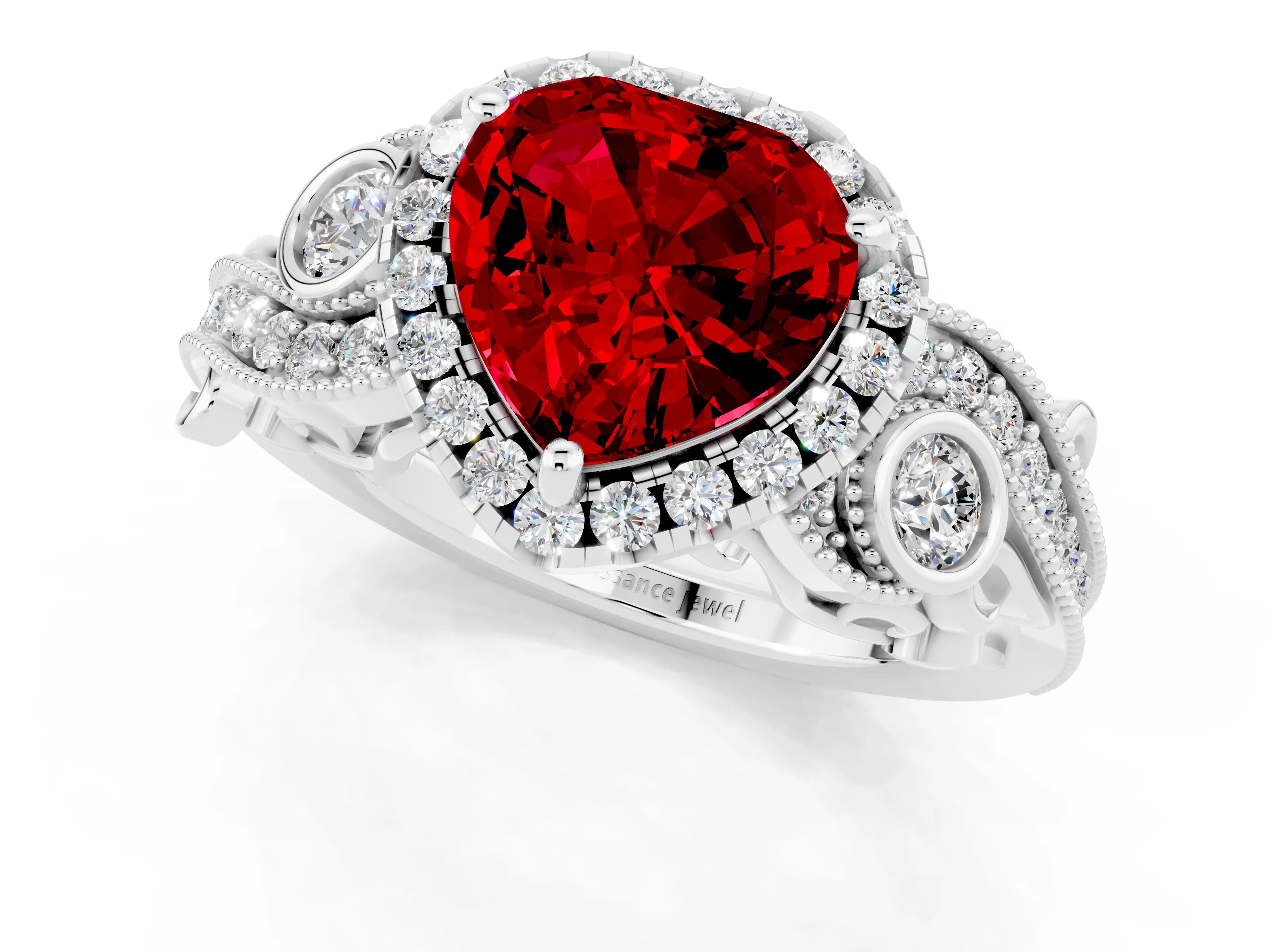 White gold Heart Cut Ruby Halo Ring with Milgrain Pavé Band and Four-Prong Setting_13