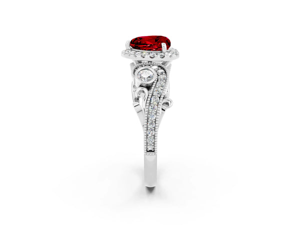 Silver Heart Cut Ruby Halo Ring with Milgrain Pavé Band and Four-Prong Setting