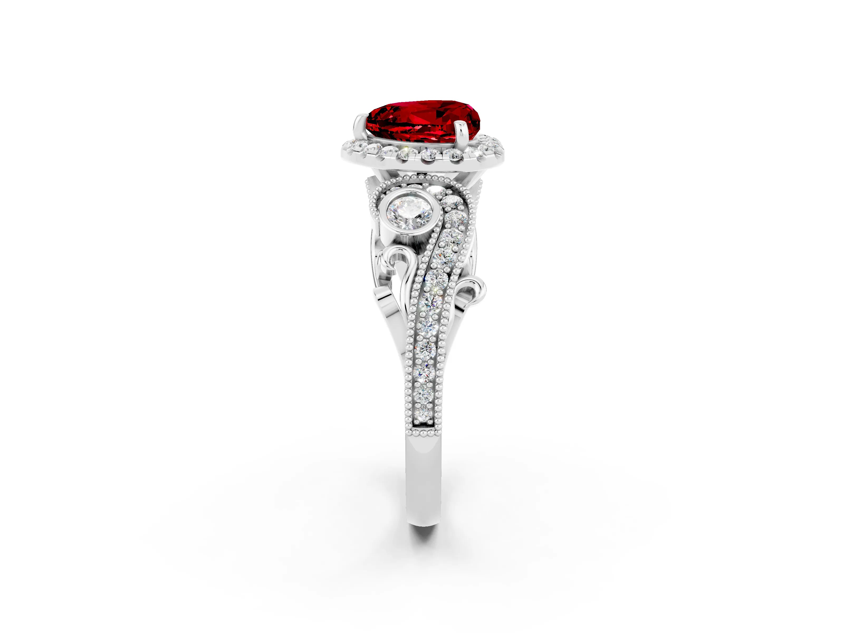 White gold Heart Cut Ruby Halo Ring with Milgrain Pavé Band and Four-Prong Setting_14