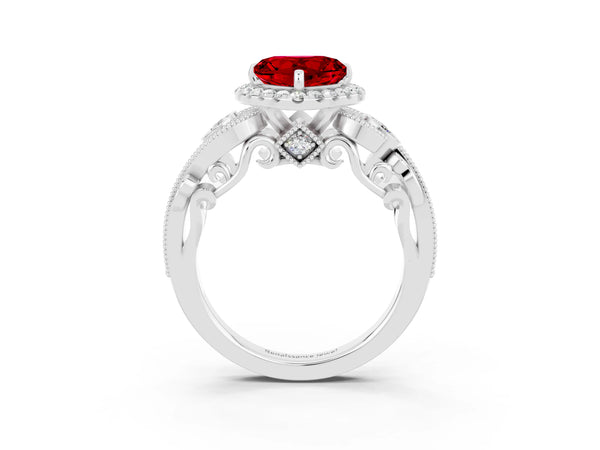 Platinum Heart Cut Ruby Halo Ring with Milgrain Pavé Band and Four-Prong Setting