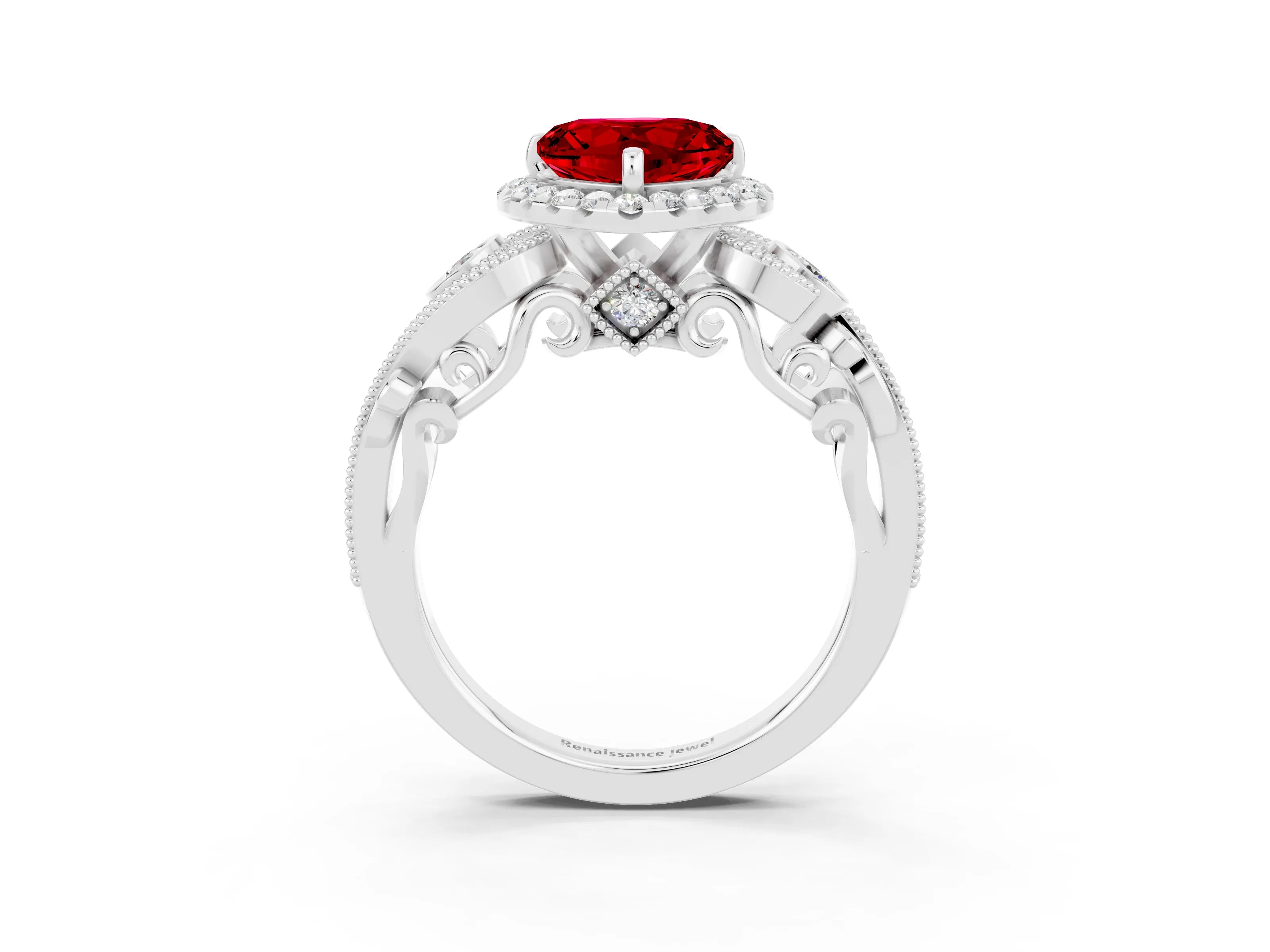 White gold Heart Cut Ruby Halo Ring with Milgrain Pavé Band and Four-Prong Setting_15