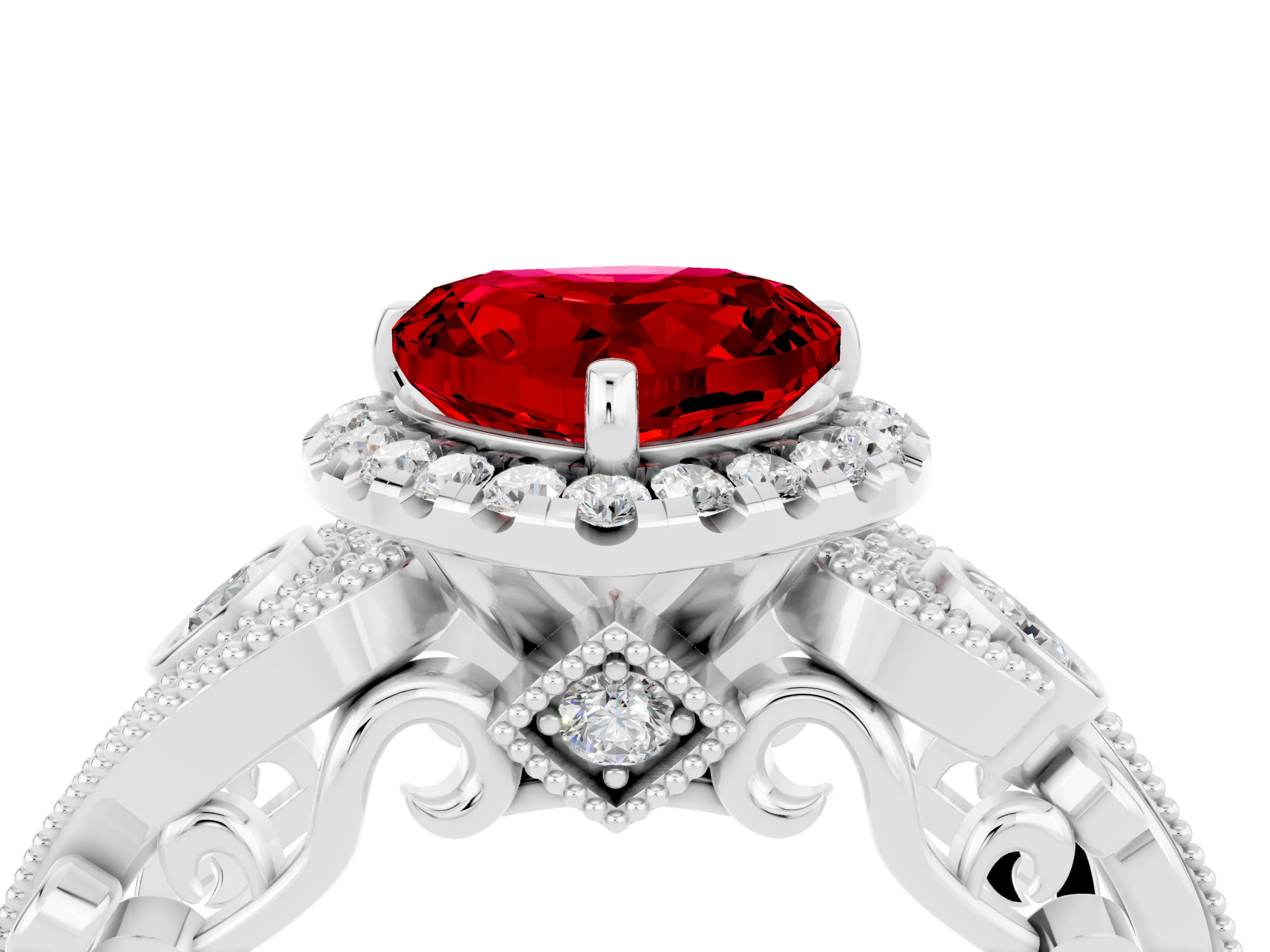 White gold Heart Cut Ruby Halo Ring with Milgrain Pavé Band and Four-Prong Setting_16
