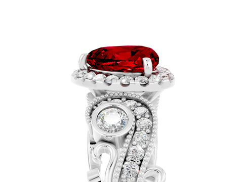 White gold Heart Cut Ruby Halo Ring with Milgrain Pavé Band and Four-Prong Setting_17