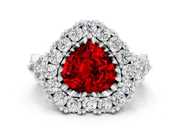 Silver Heart Cut Ruby Halo Ring with Pavé Band and Four-Prong Setting