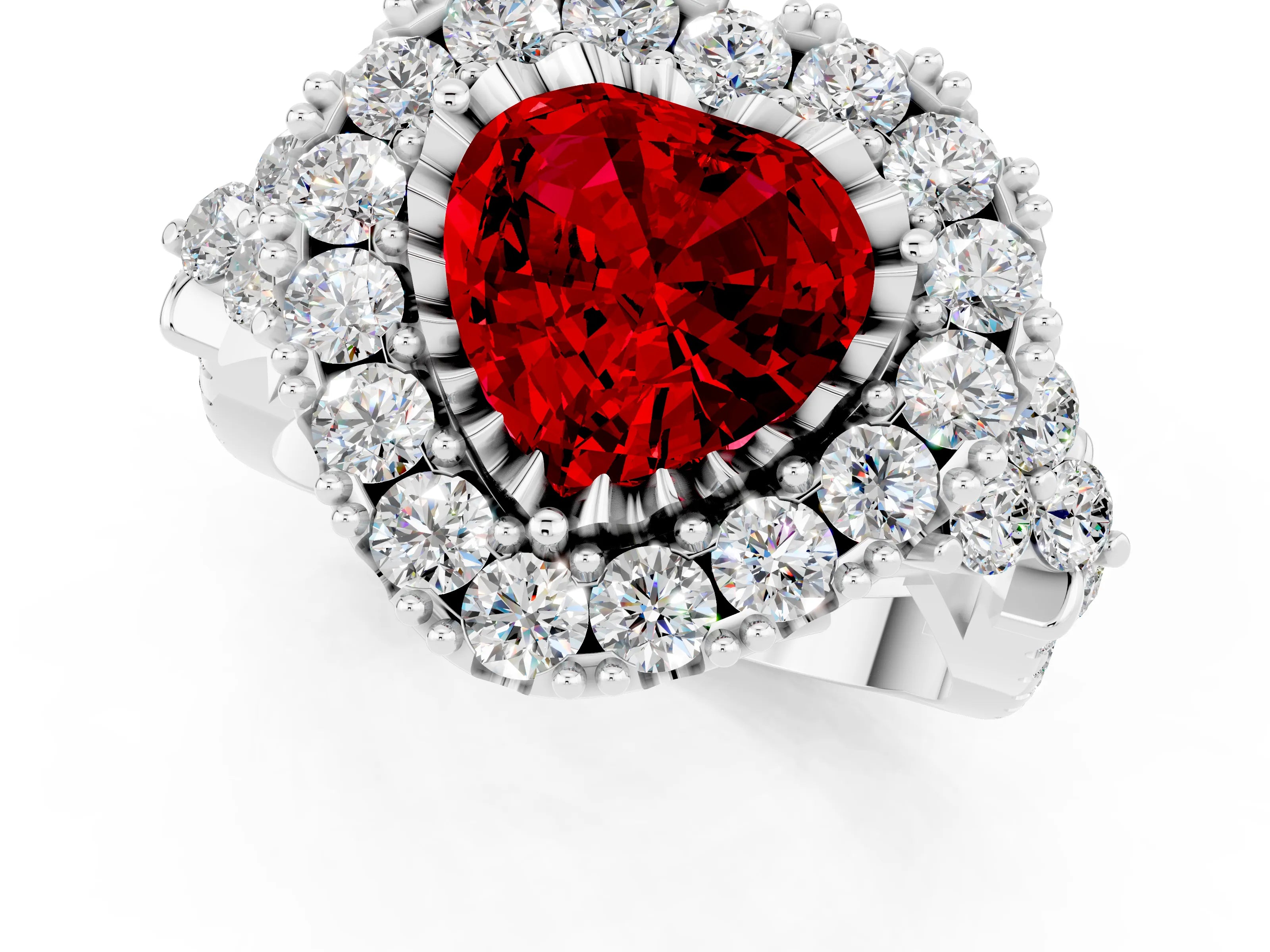 White gold Heart Cut Ruby Halo Ring with Pavé Band and Four-Prong Setting_13