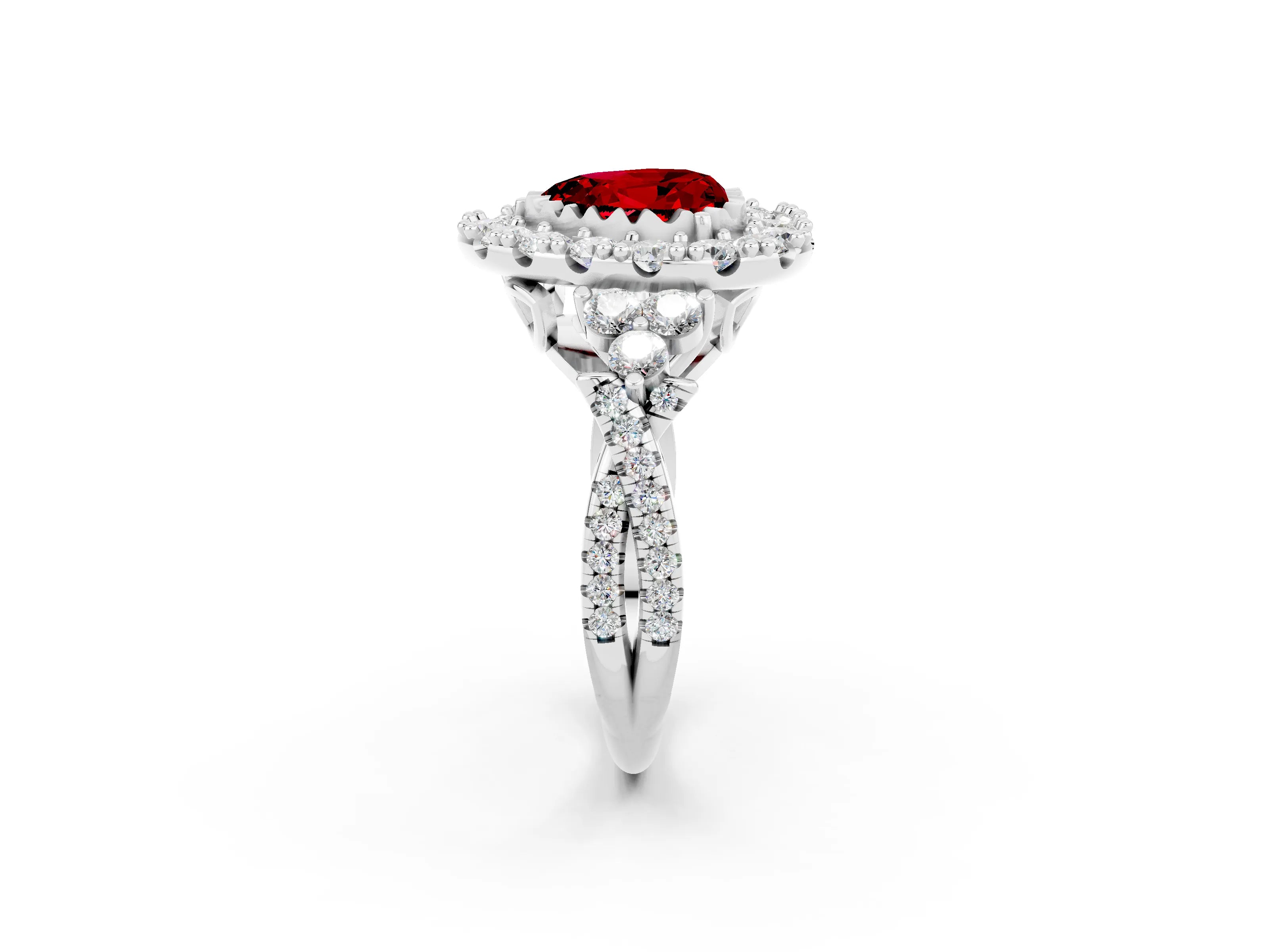 White gold Heart Cut Ruby Halo Ring with Pavé Band and Four-Prong Setting_14
