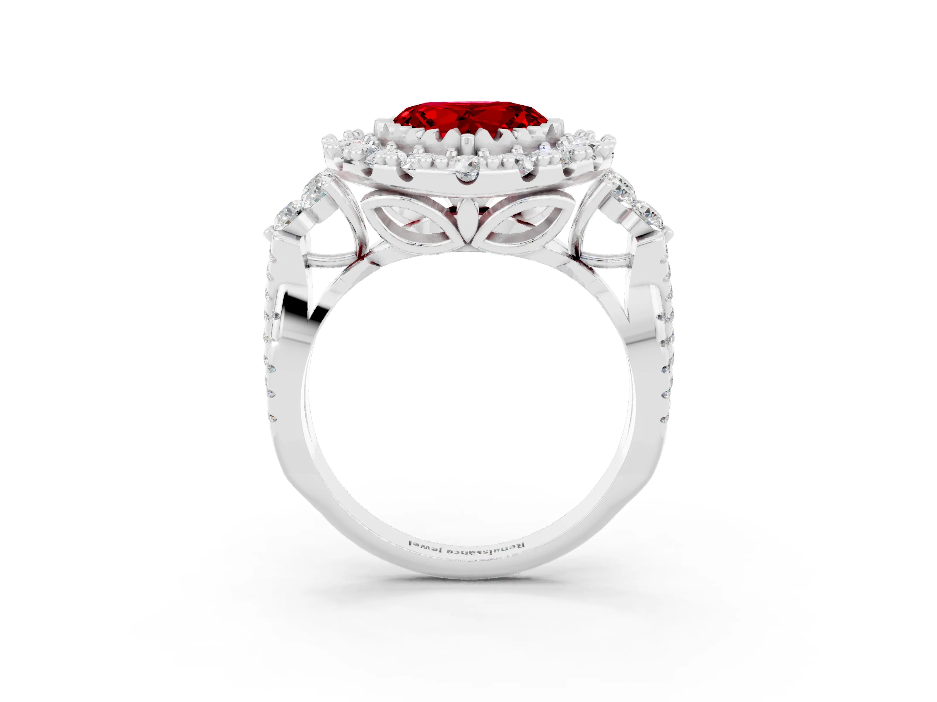White gold Heart Cut Ruby Halo Ring with Pavé Band and Four-Prong Setting_15